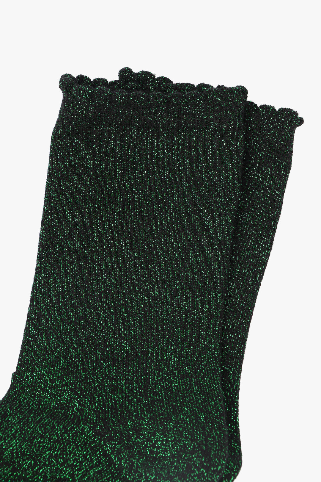 close up of the black and green glitter socks