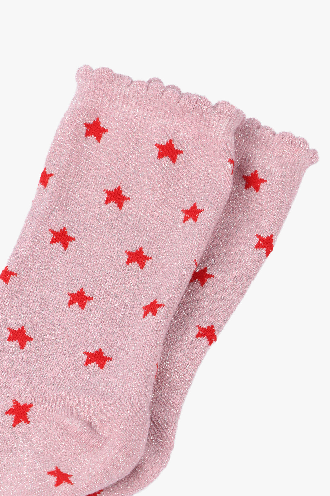 close up of the pink and red star pattern glitter ankle socks