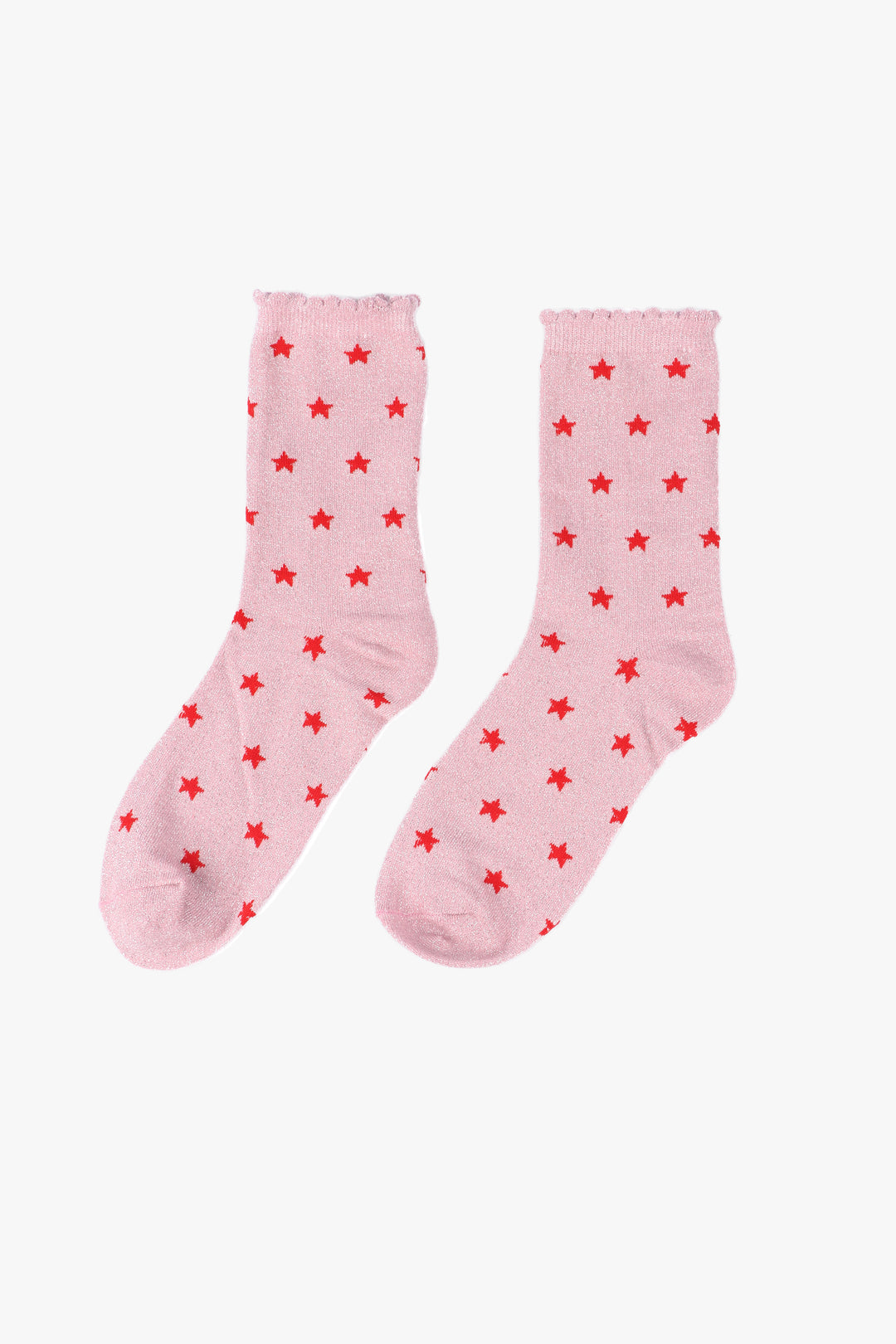 pink glitter ankle socks with an all over red star pattern