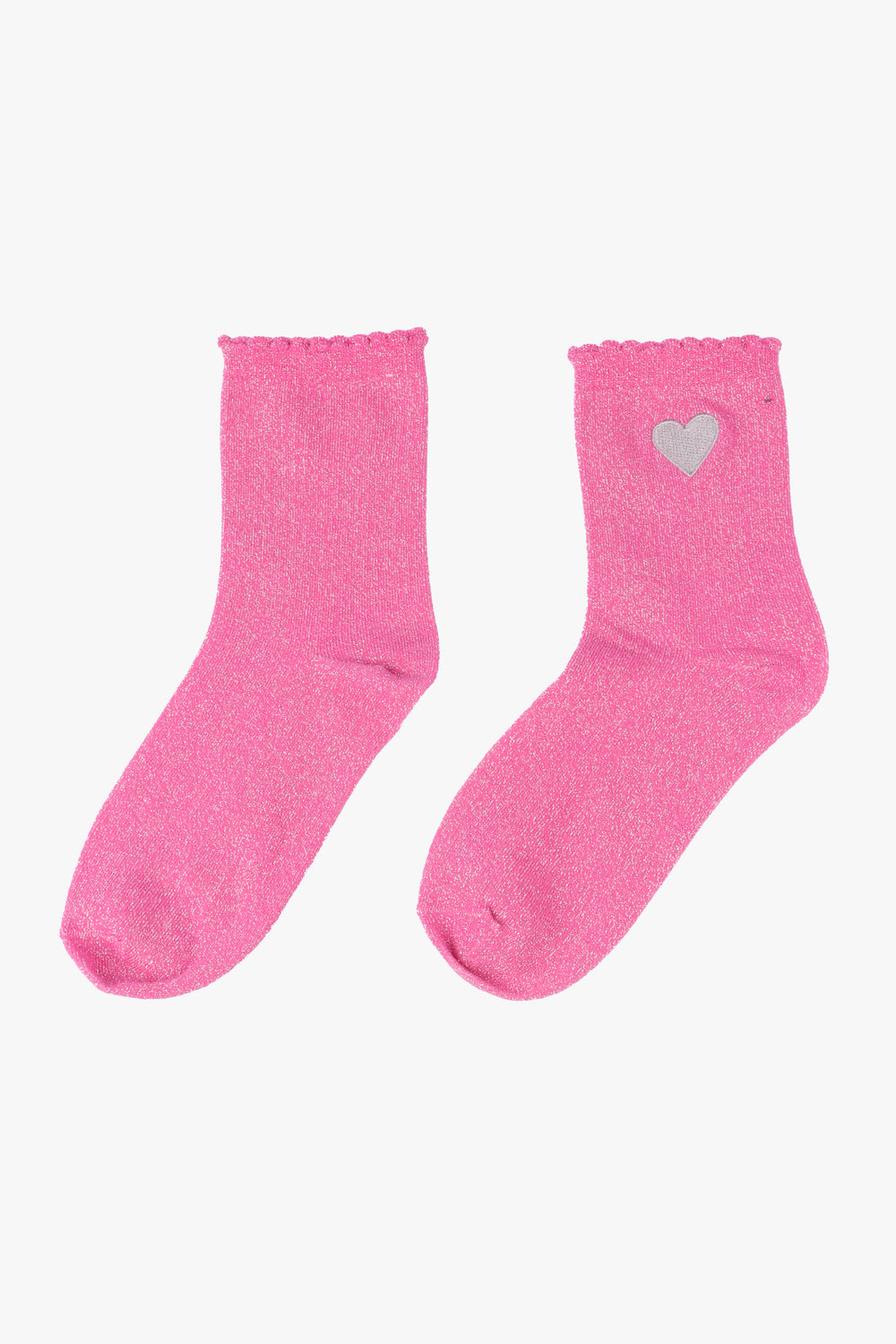 fuchsia pink sparkly ankle socks with an embroidered silver heart on the ankle