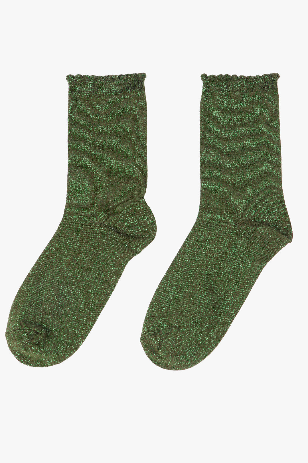 khaki and green glitter ankle socks with a scalloped cuff