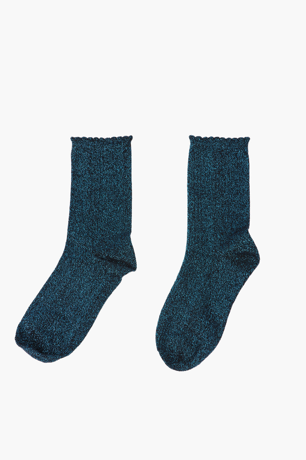 black and turquoise sparkly glitter socks with a scalloped cuff