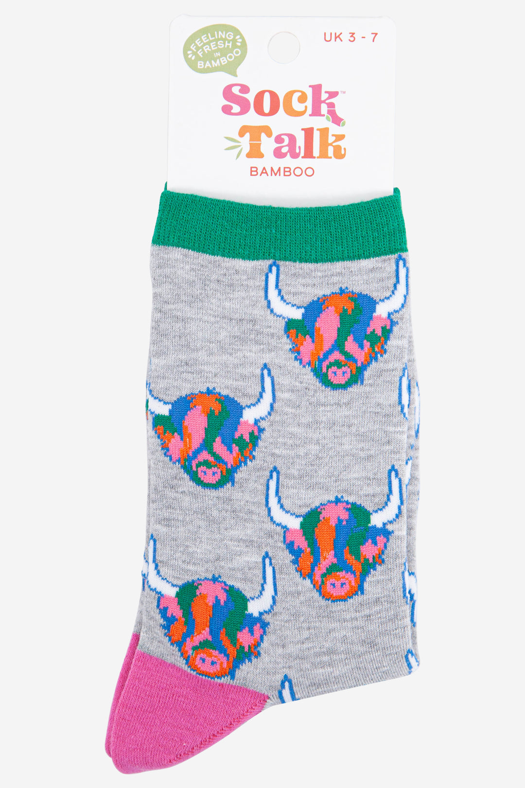 ladies grey bamboo socks with an all over pattern of colourful highland cow faces, uk size 3-7