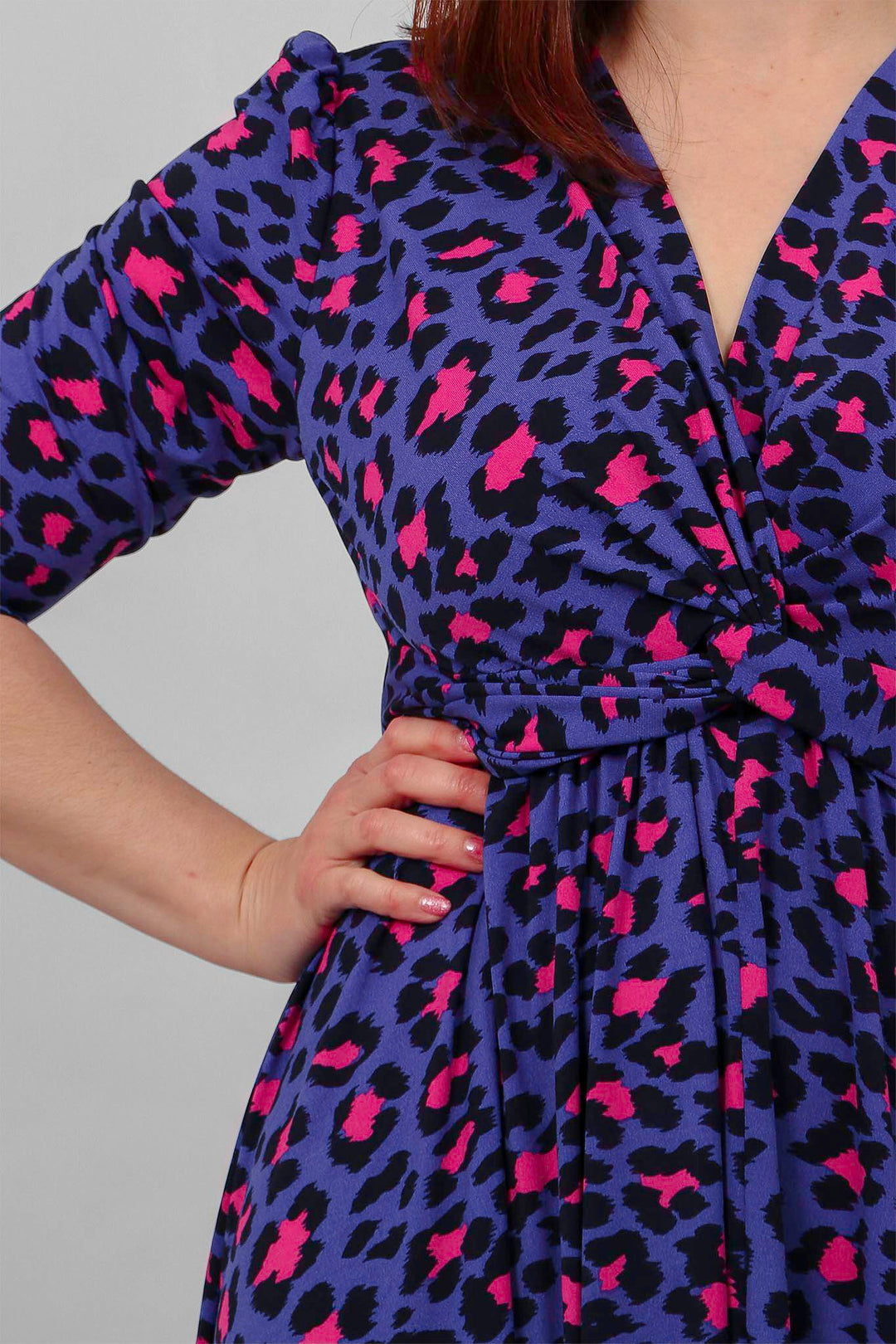 Navy Blue Pink Large Animal Leopard Print Knot Front Dress