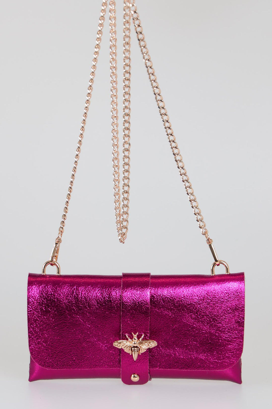 Metallic Raspberry Bee Emblem Genuine Italian Leather Clutch Bag with Gold Chain Strap