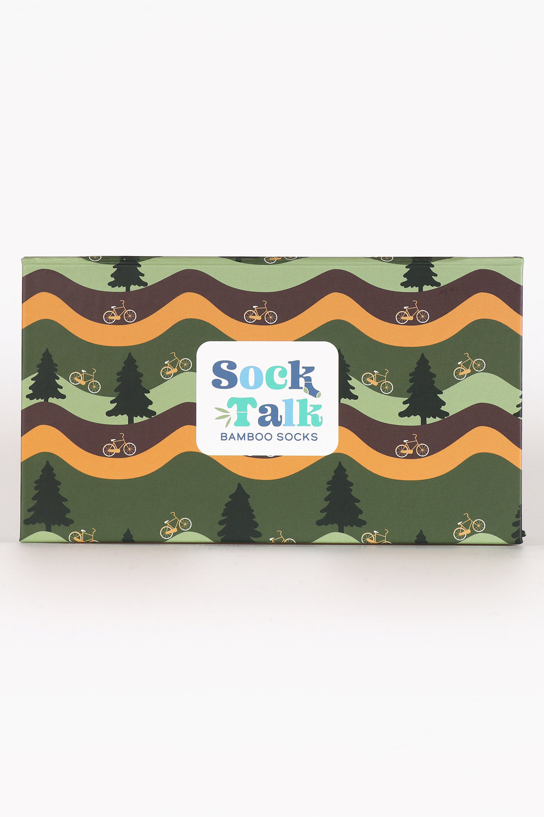 green gift box with wavy yellow and brown stripes, featuring green forest trees and mountain bikes