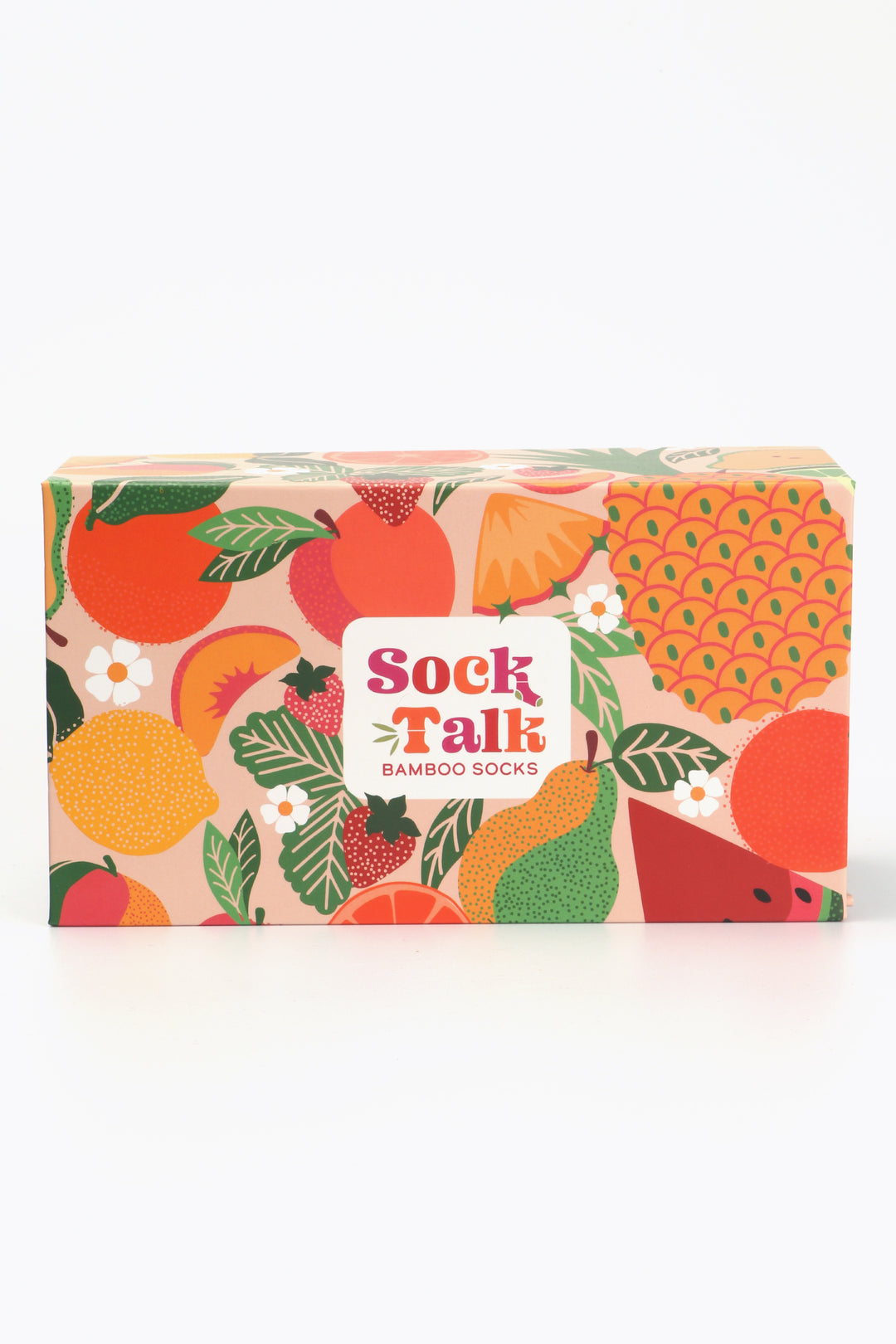 sock talk gift box with an all over fruit pattern featuring, pineapples, pears, lemons, peaches, strawberries and oranges