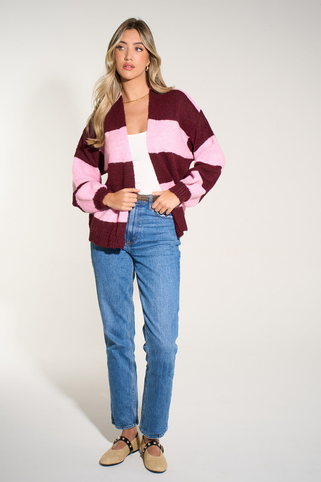 Striped-Sleeve-Italian-Wool-Blend-Cardigan-in-Berry/Light-Pink