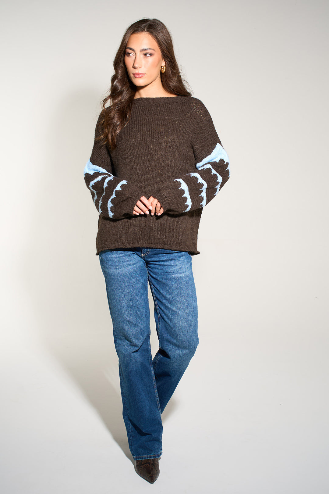 Striped-Sleeve-Italian-Wool-Blend-Jumper-in-Brown/Blue