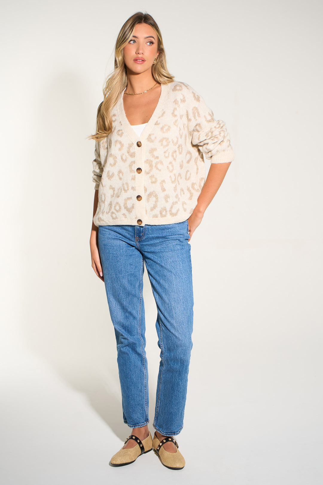 Leopard Print Italian Wool Blend Cardigan in Cream/Beige