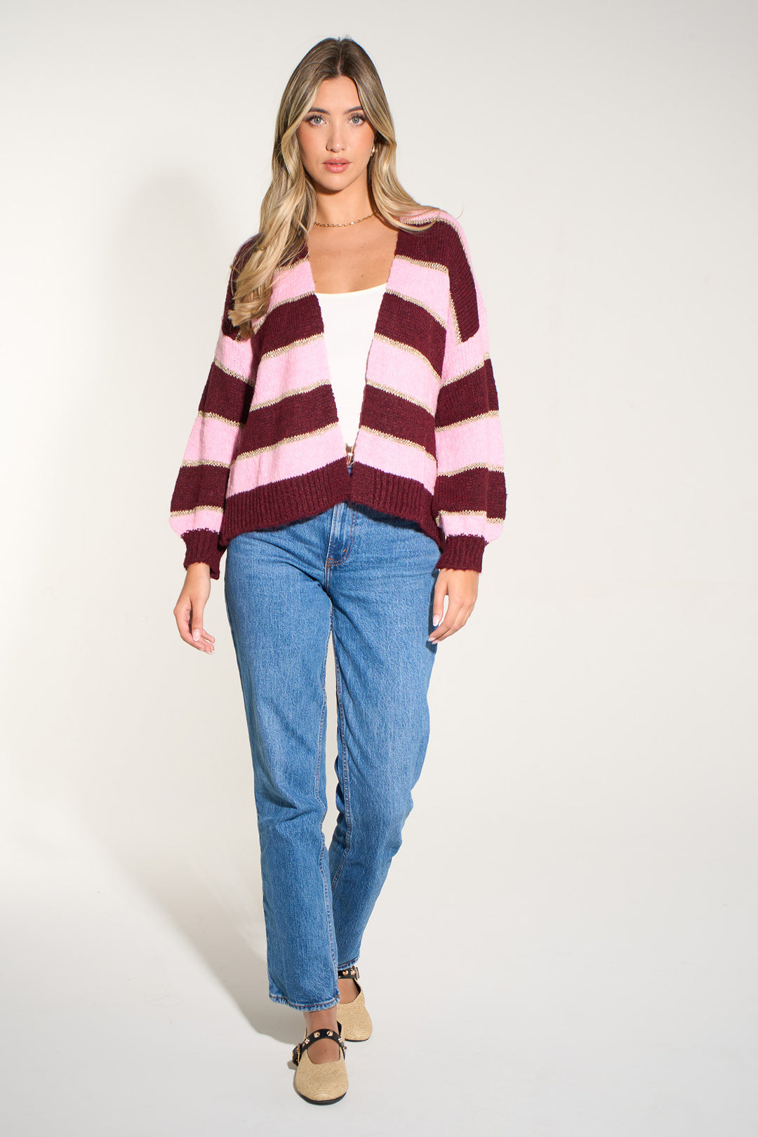 italian-wool-blend-glitter-stripe-cardigan-in-berry-light-pink-styled-casual