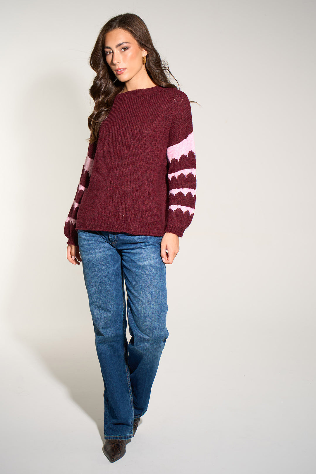 Striped-Sleeve-Italian-Wool-Blend-Jumper-in-Berry/Fuchsia
