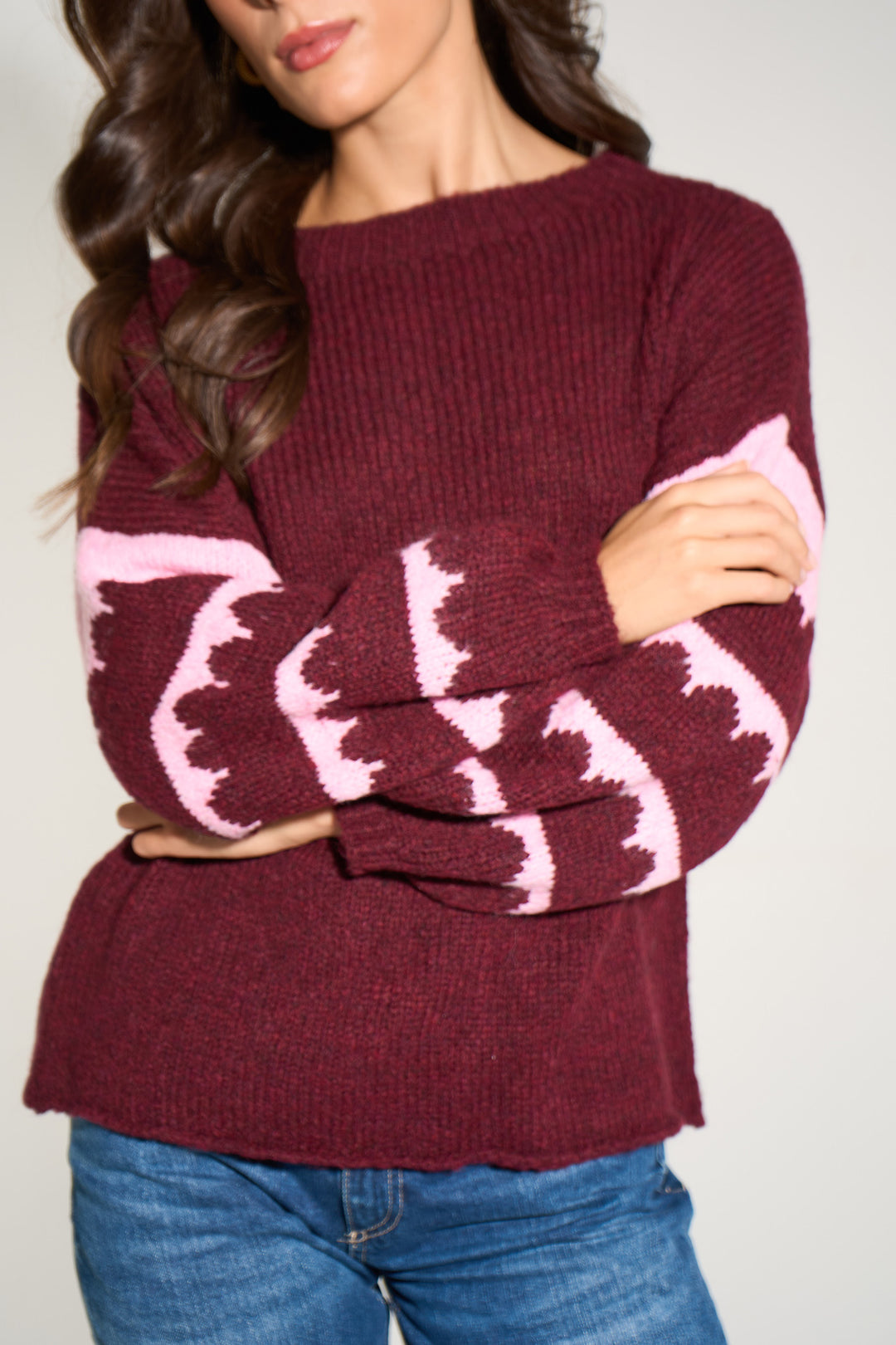 striped-sleeve-italian-wool-blend-jumper-in-berry-closeup-sleeves