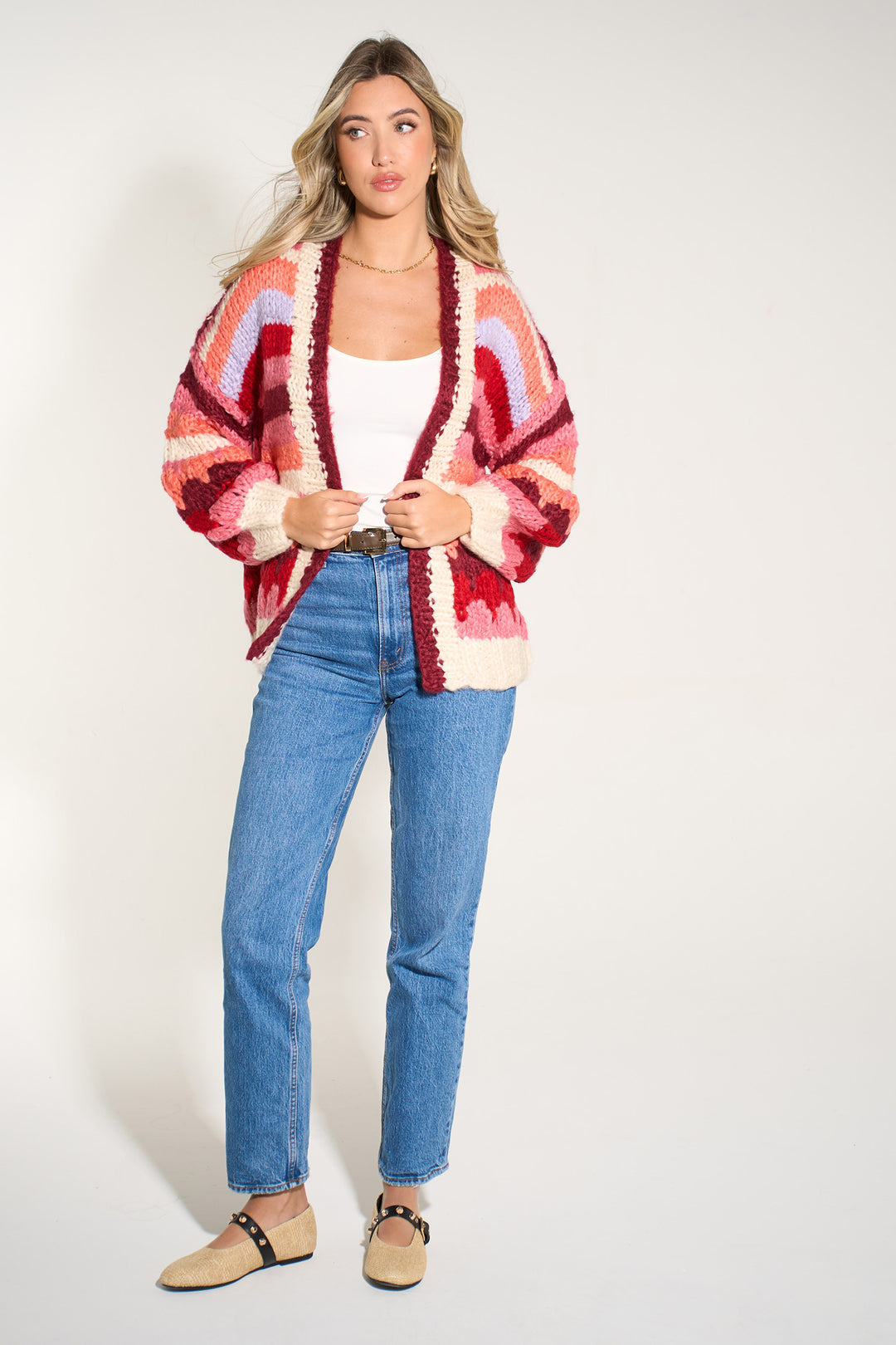 Striped-Hand-Knit-Cardigan-in-Berry/Red