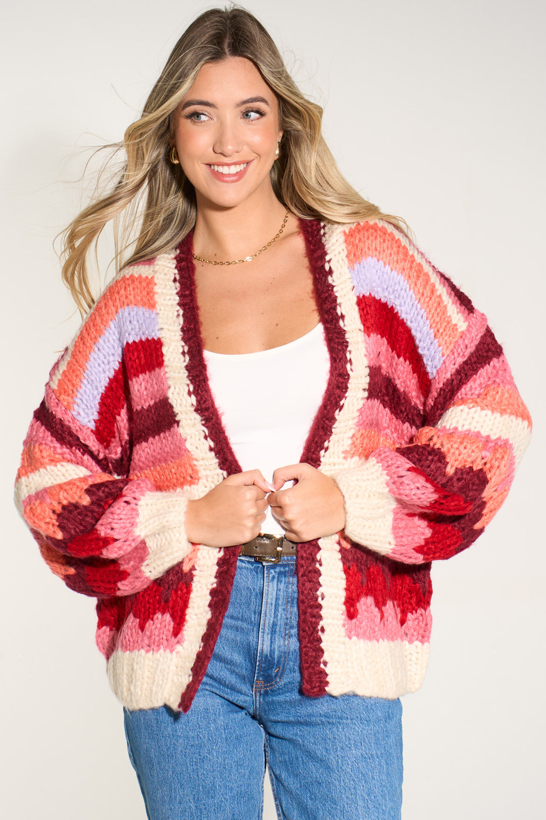 hand-knitted-strip-cardigan-in-red-berry