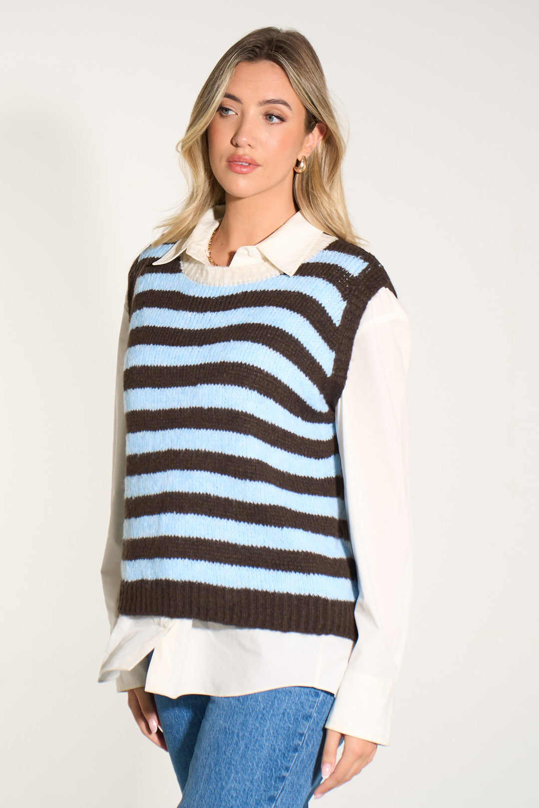 Striped Italian Wool Blend Tank Top in Brown/Blue