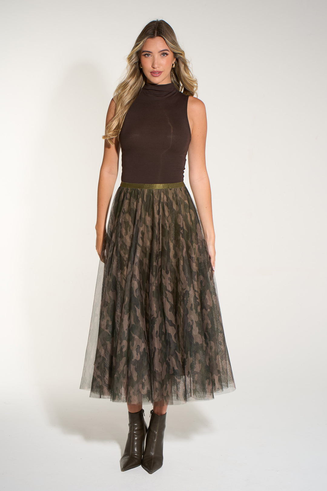 Camouflage--Midi-Tulle-Swing-Skirt-in-Khaki