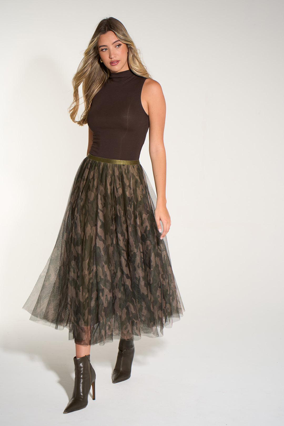 Camouflage--Midi-Tulle-Swing-Skirt-in-Khaki