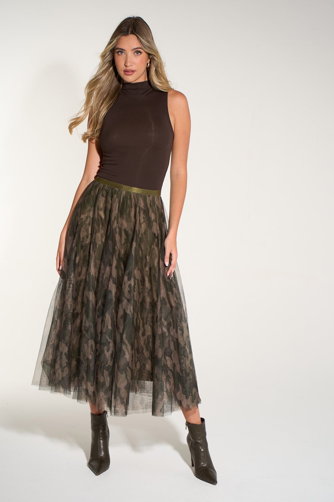 Camouflage--Midi-Tulle-Swing-Skirt-in-Khaki