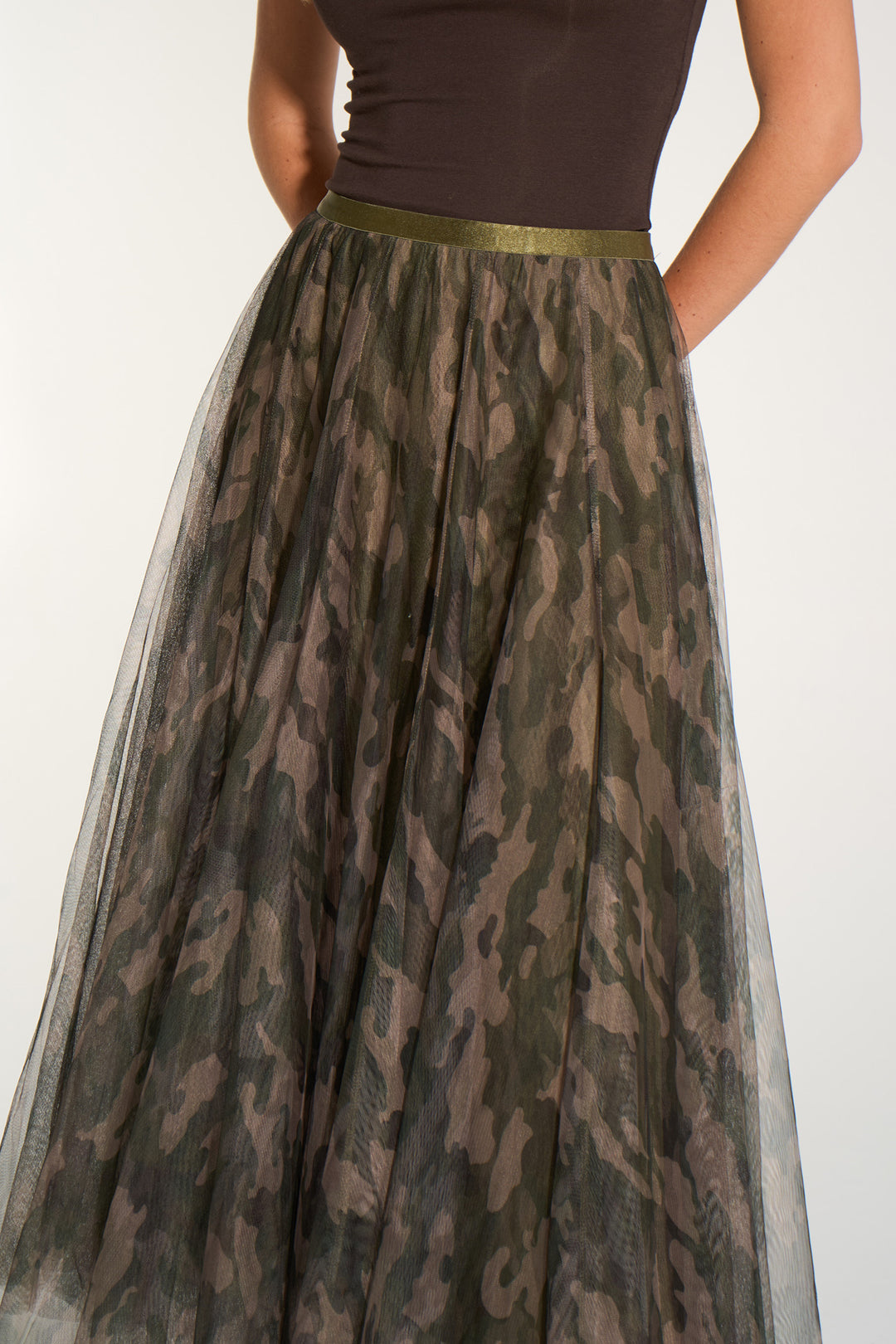 Camouflage--Midi-Tulle-Swing-Skirt-in-Khaki