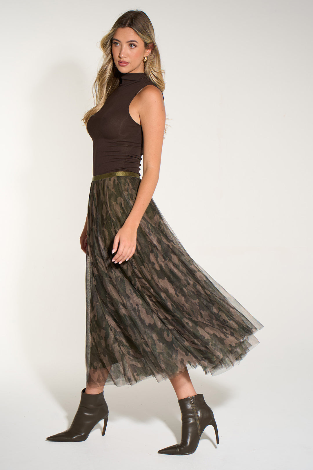 Camouflage--Midi-Tulle-Swing-Skirt-in-Khaki
