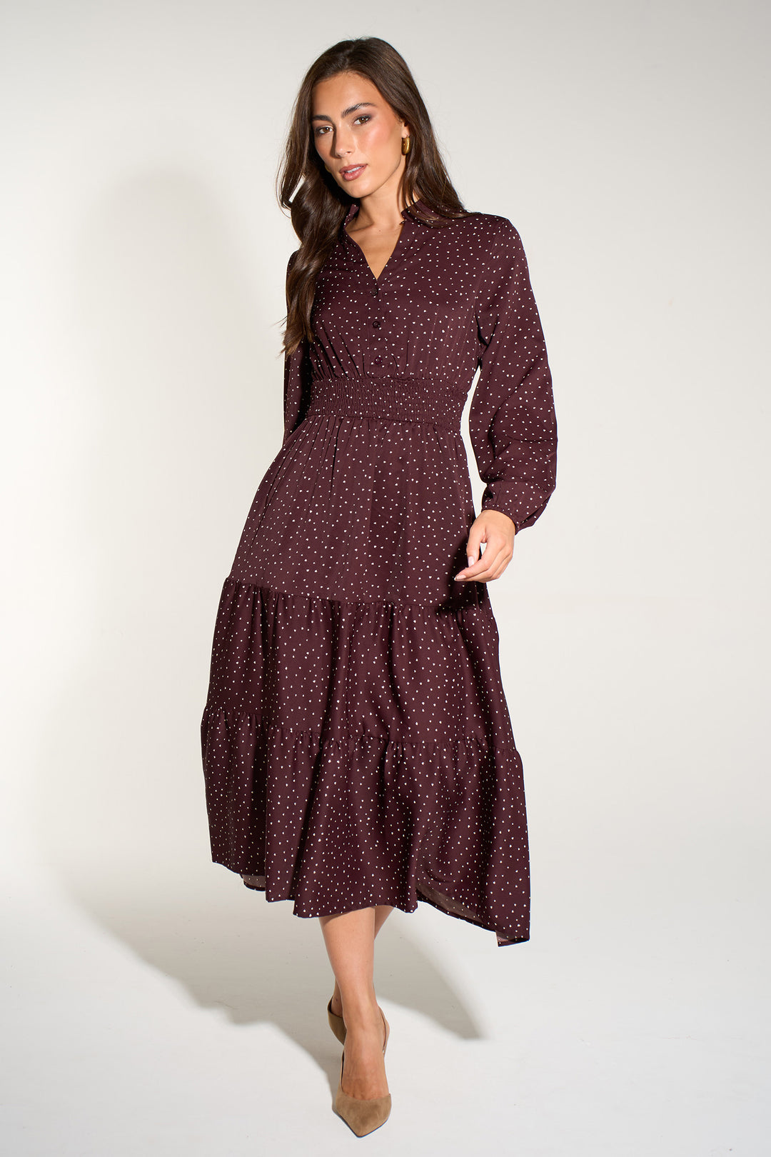 Silk-Feel-Heart-Print-V-Neck-Tiered-Dress-in-Berry