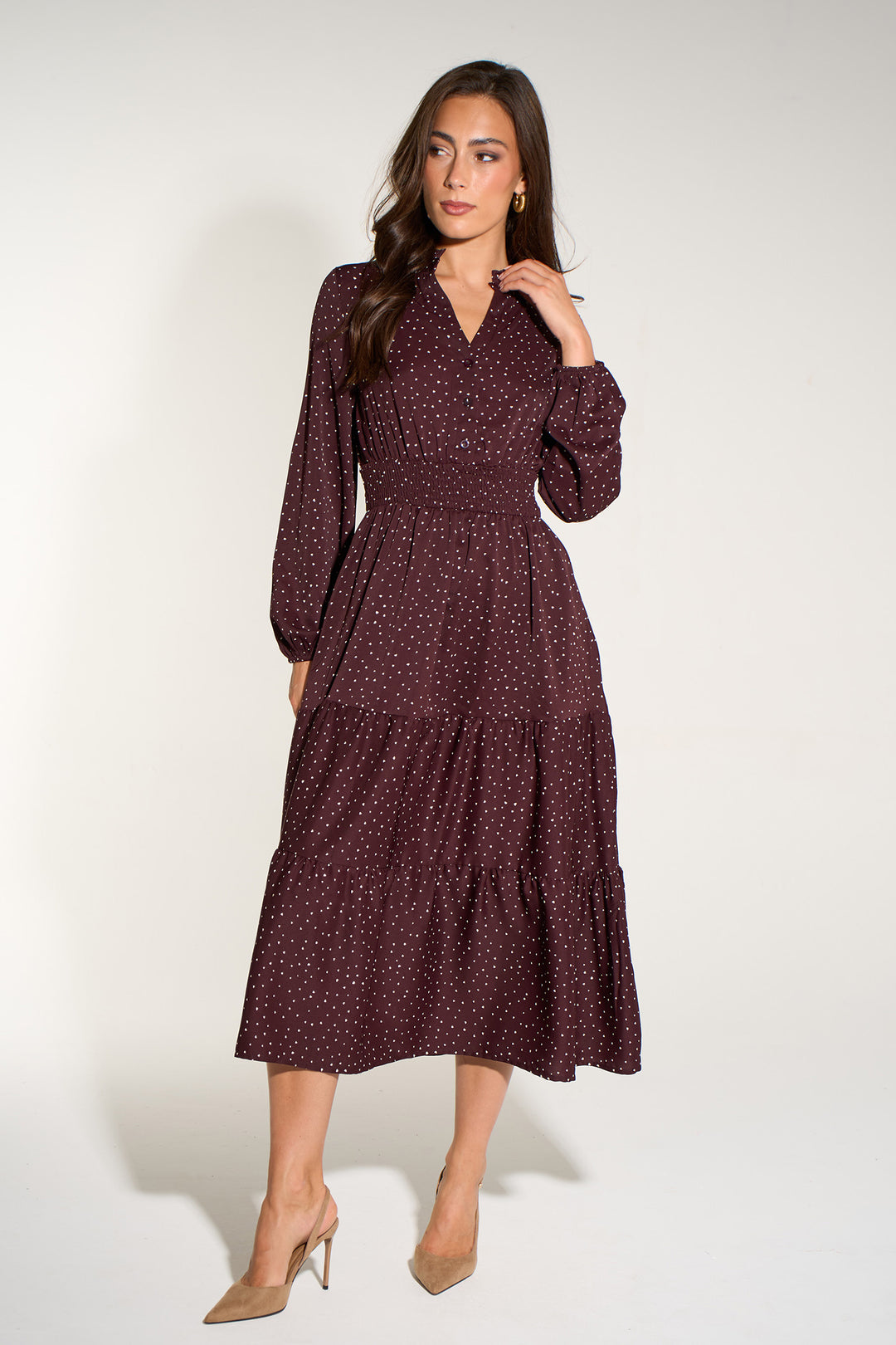 Silk Feel Heart Print V-Neck Tiered Dress in Berry