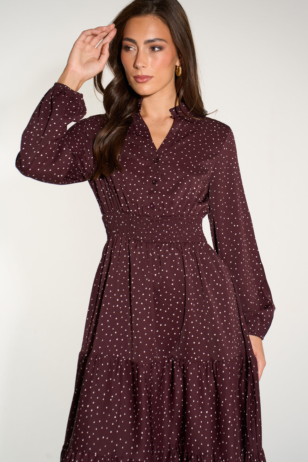 Silk-Feel-Heart-Print-V-Neck-Tiered-Dress-in-Berry