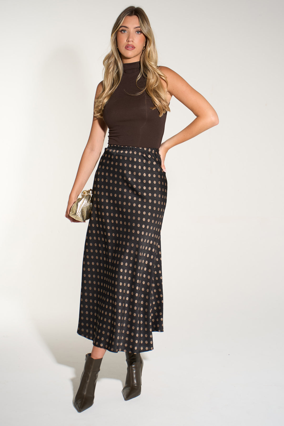 Satin-Look-Slip-Bias-Skirt-Black/Gold-Polka-Dot