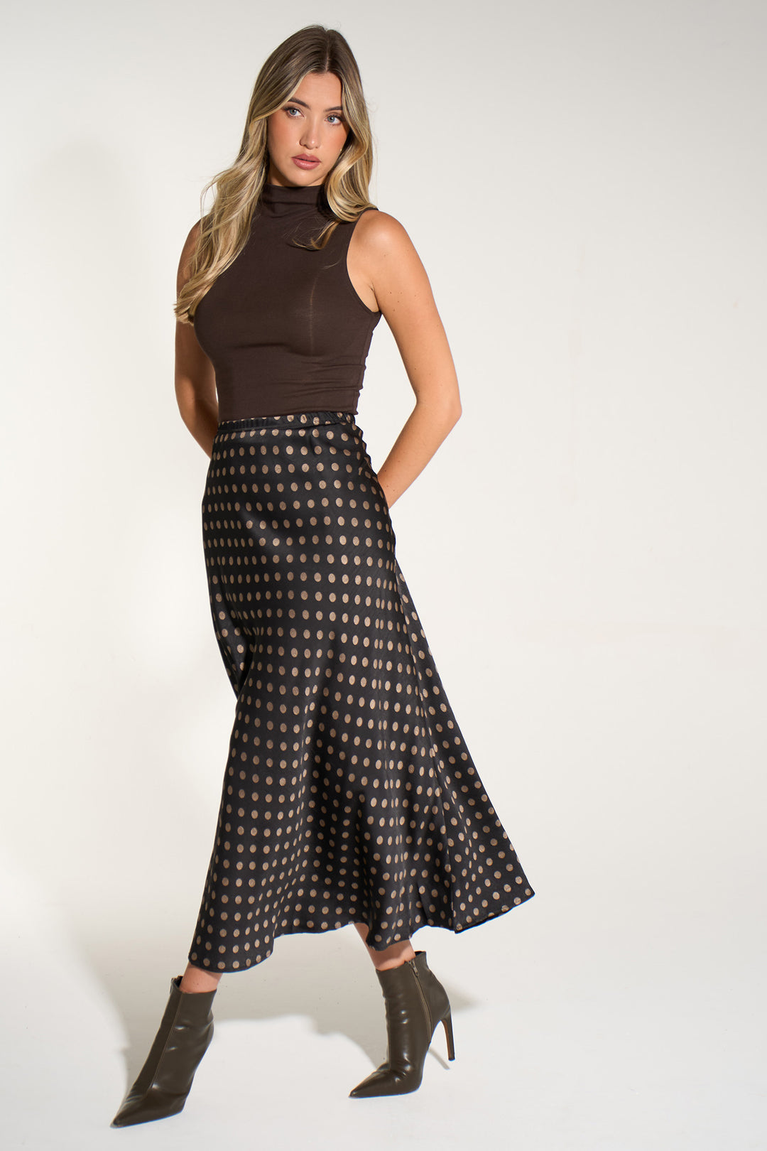 Satin-Look-Slip-Bias-Skirt-Black/Gold-Polka-Dot