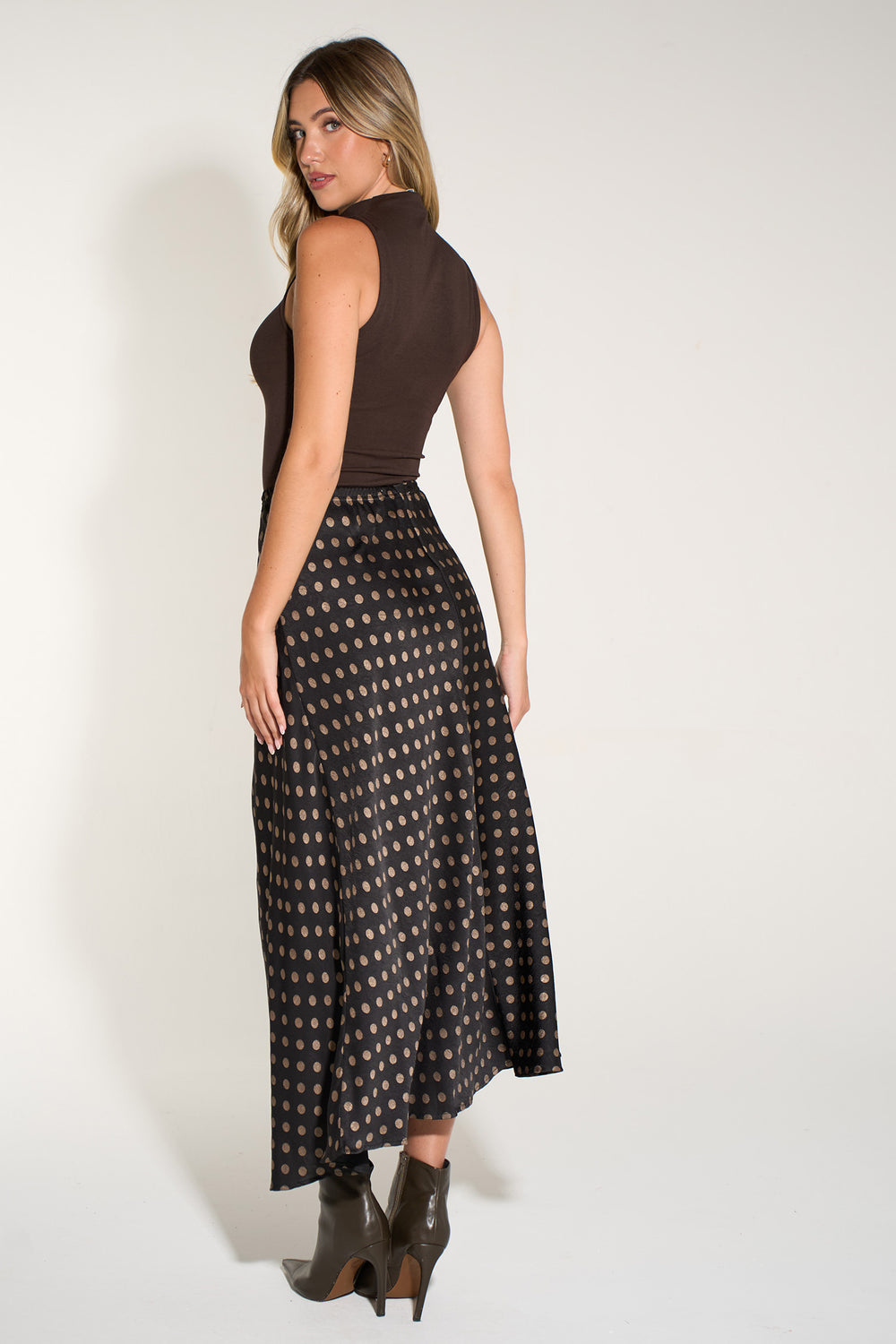 Satin-Look-Slip-Bias-Skirt-Black/Gold-Polka-Dot