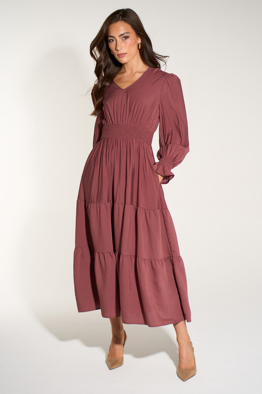 Plain-V-Neck-Tiered-Dress-in-Berry