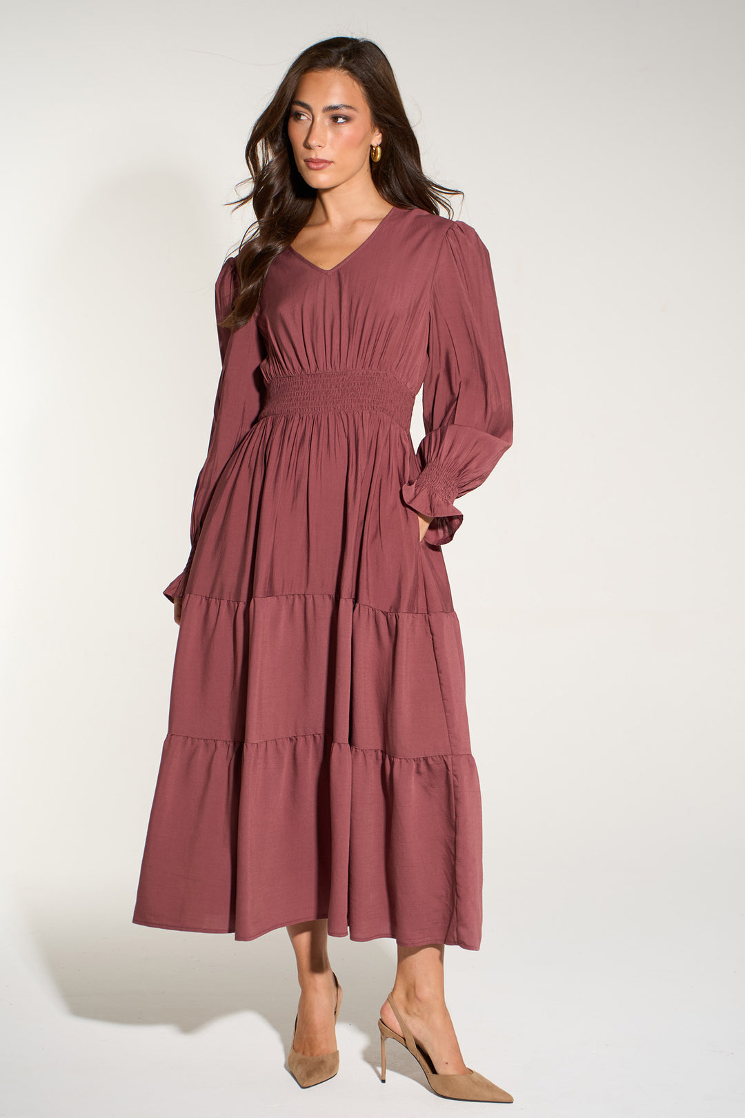 Plain-V-Neck-Tiered-Dress-in-Berry