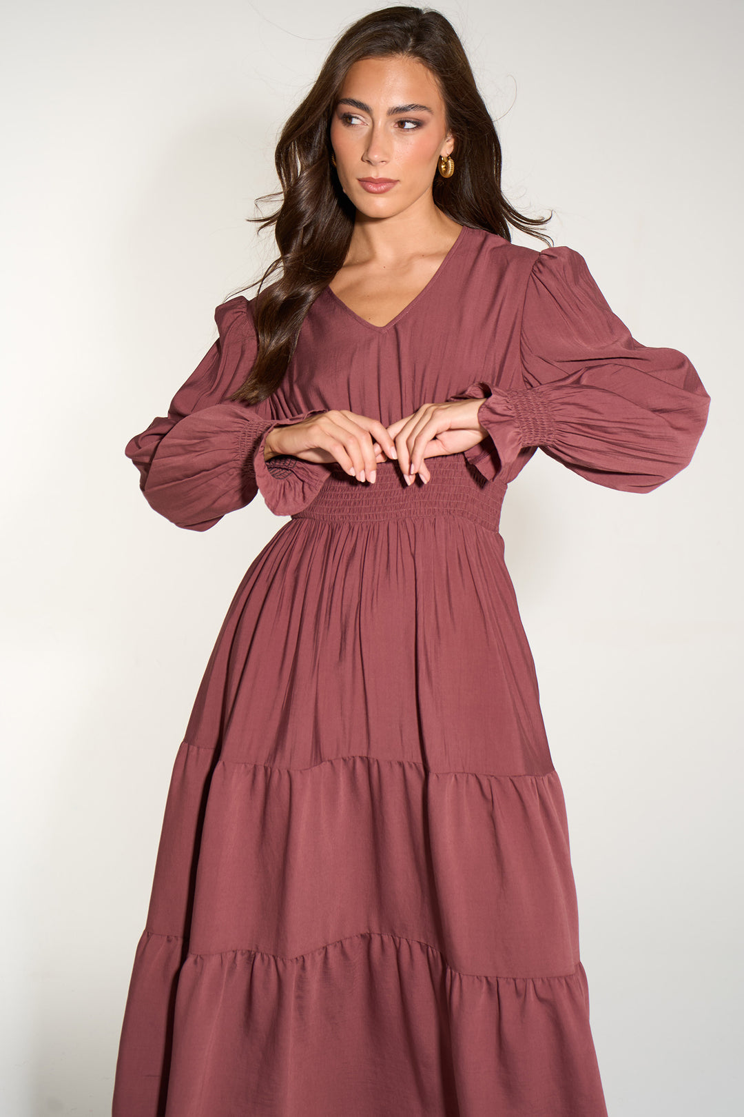 Plain-V-Neck-Tiered-Dress-in-Berry