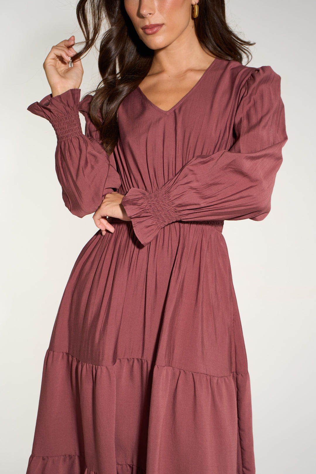 Plain-V-Neck-Tiered-Dress-in-Berry