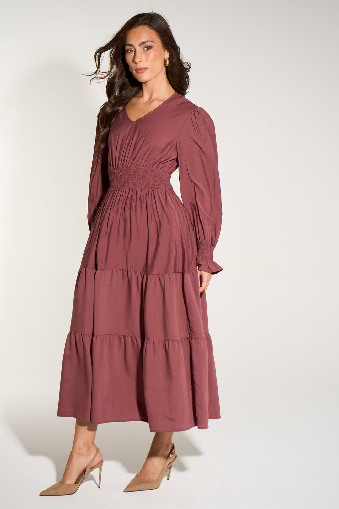 Plain-V-Neck-Tiered-Dress-in-Berry