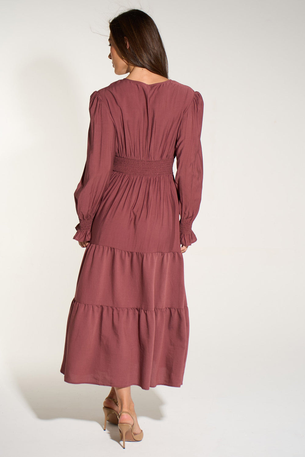 Plain-V-Neck-Tiered-Dress-in-Berry