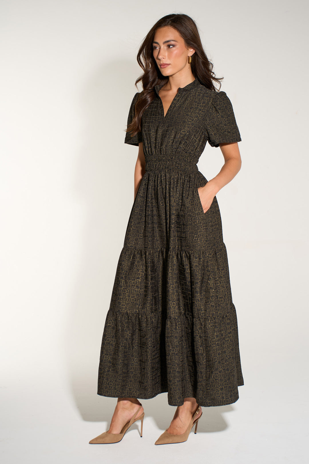 Abstract Print Collared Tiered Maxi Dress in Antique Gold