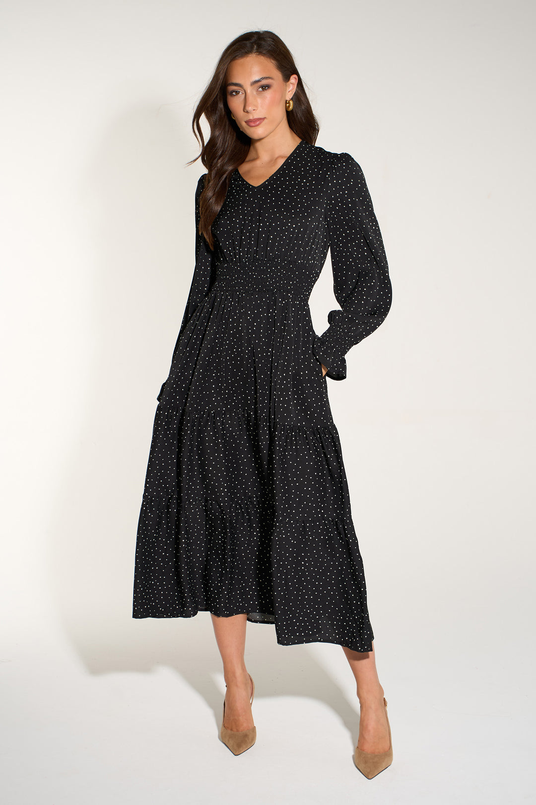 Silk-Feel-Heart-Print-V-Neck-Tiered-Dress-in-Black