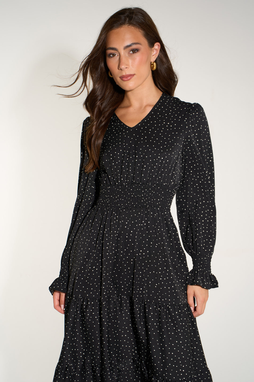 Silk-Feel-Heart-Print-V-Neck-Tiered-Dress-in-Black