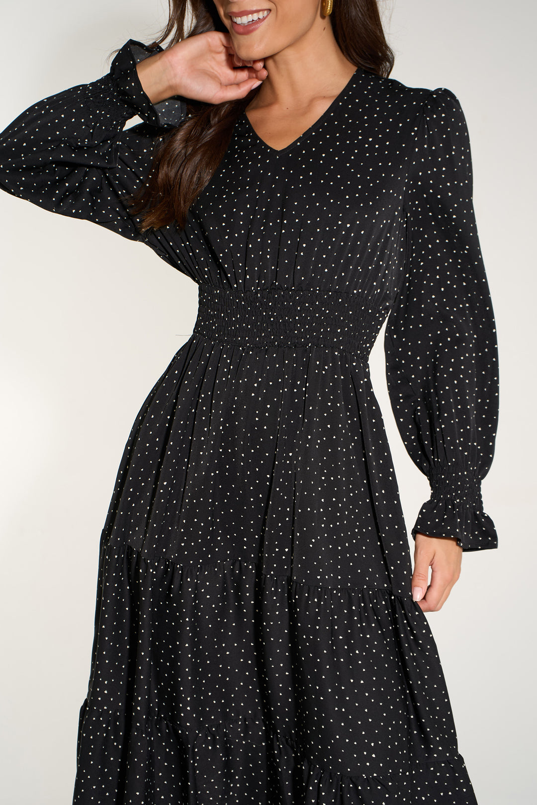 Silk-Feel-Heart-Print-V-Neck-Tiered-Dress-in-Black