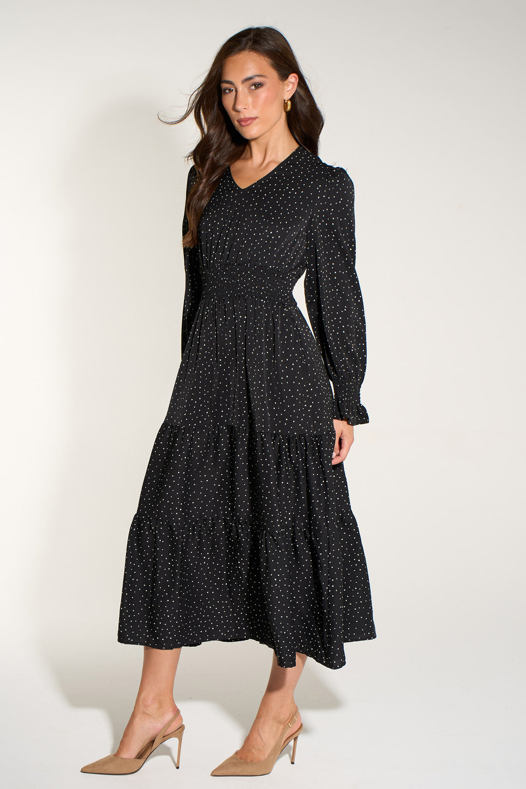 Silk-Feel-Heart-Print-V-Neck-Tiered-Dress-in-Black