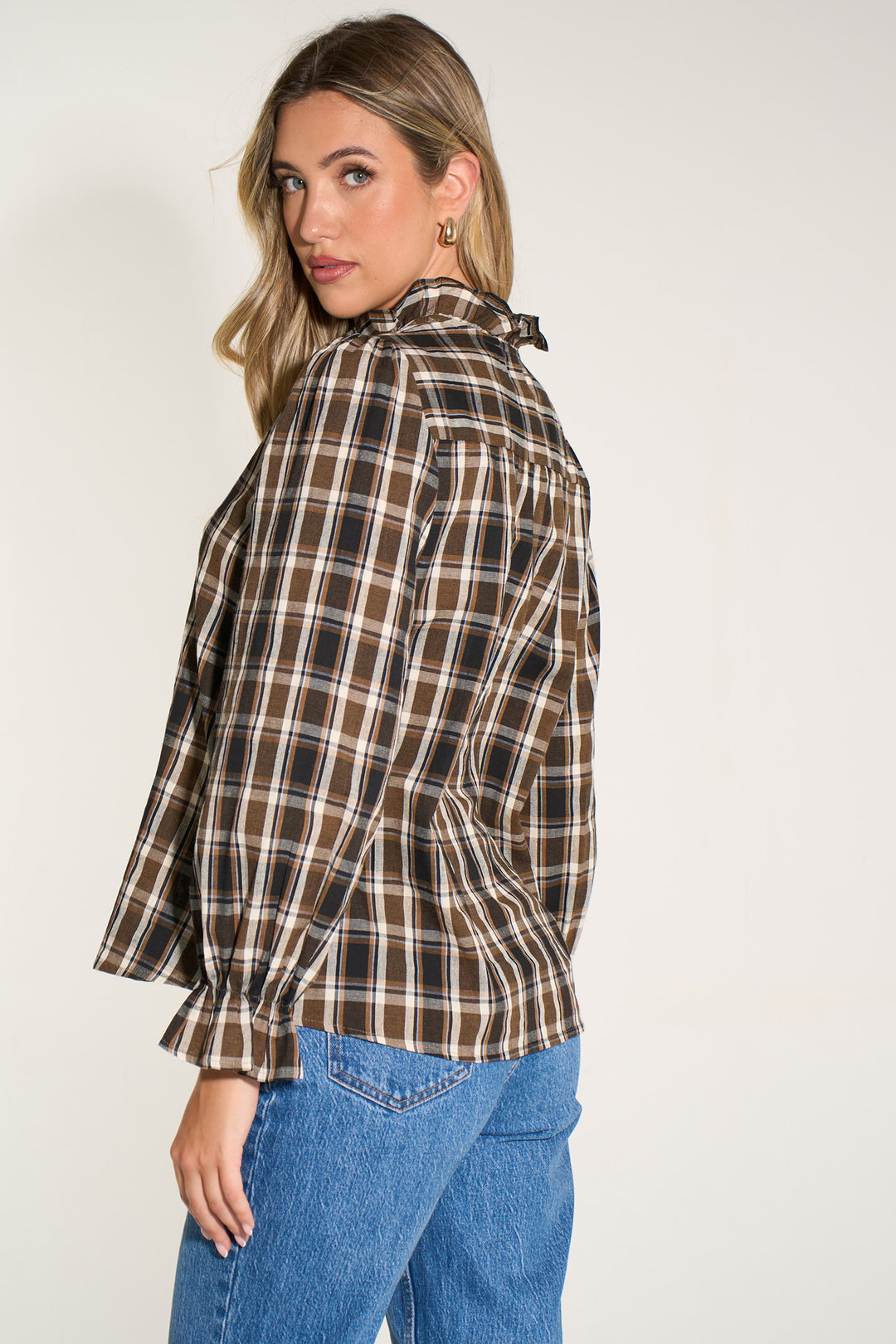 Plaid-Check-Ruffled-Collar-Shirt-in-Brown