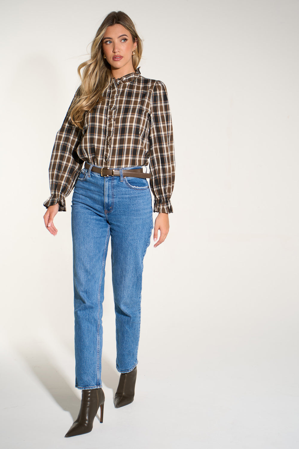 Plaid-Check-Ruffled-Collar-Shirt-in-Brown