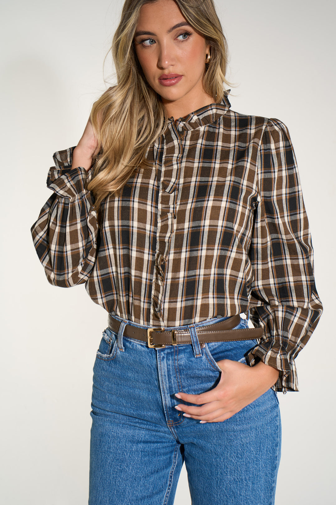 Plaid-Check-Ruffled-Collar-Shirt-in-Brown