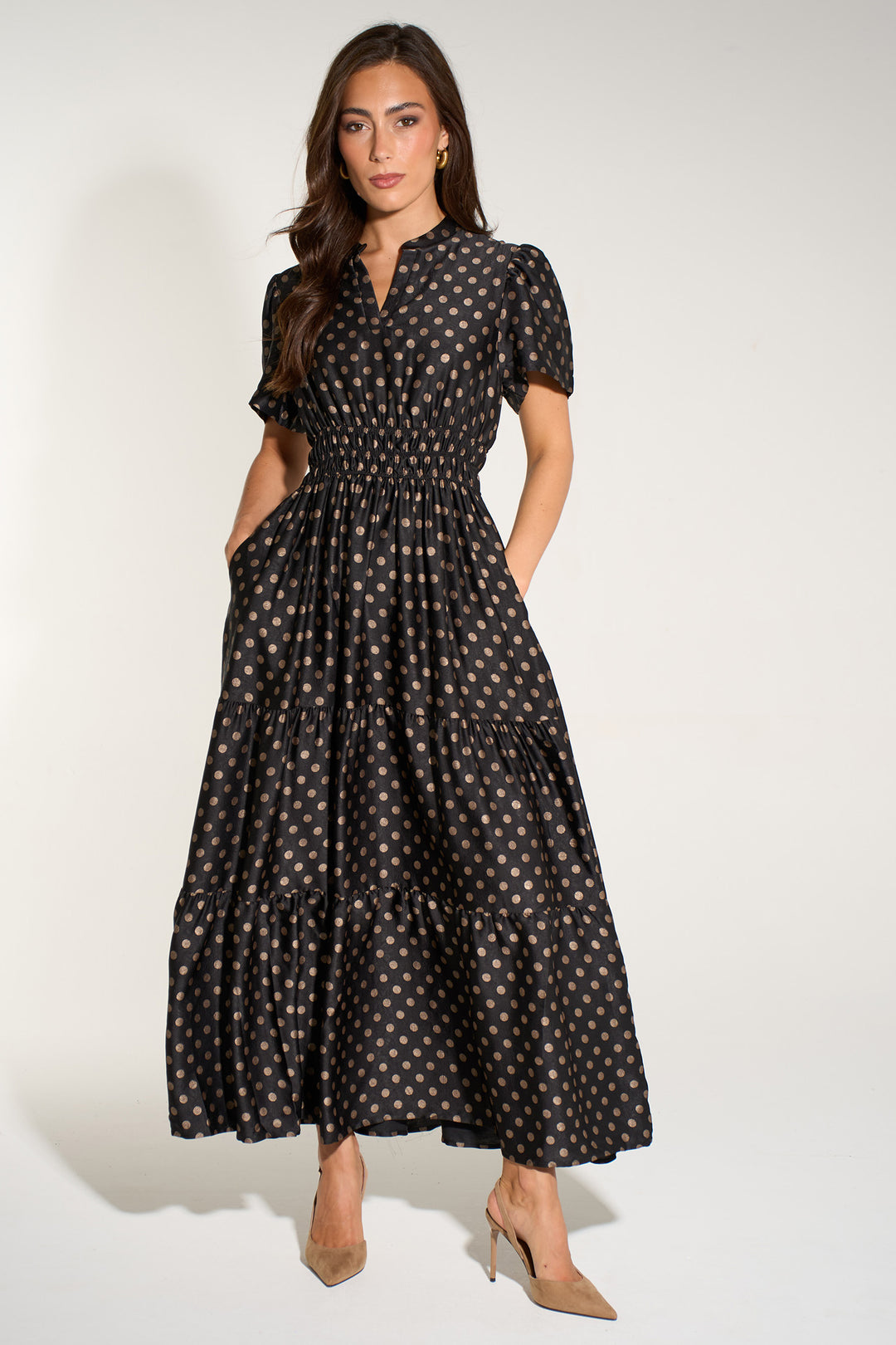 Large-Spot-Collared-Tiered-Maxi-Dress-in-Black/Gold