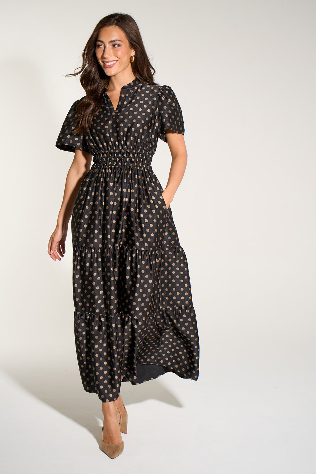 Large-Spot-Collared-Tiered-Maxi-Dress-in-Black/Gold