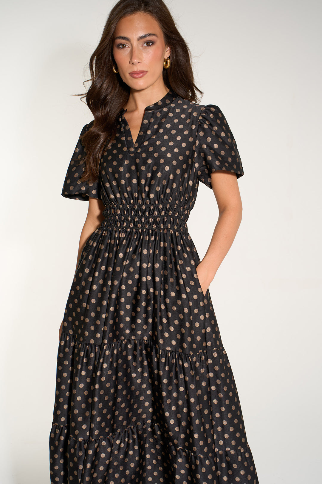 Large-Spot-Collared-Tiered-Maxi-Dress-in-Black/Gold