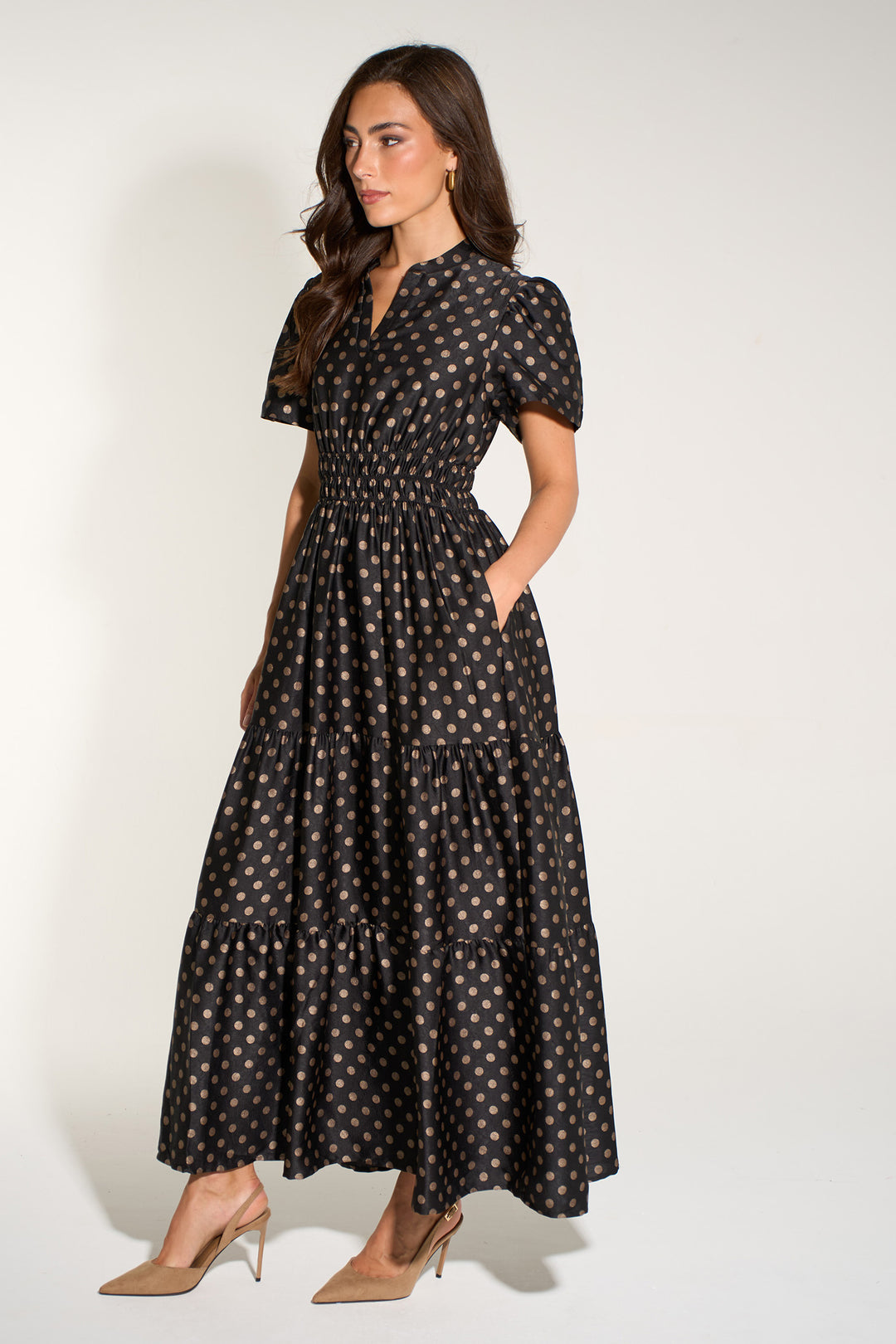 Large-Spot-Collared-Tiered-Maxi-Dress-in-Black/Gold