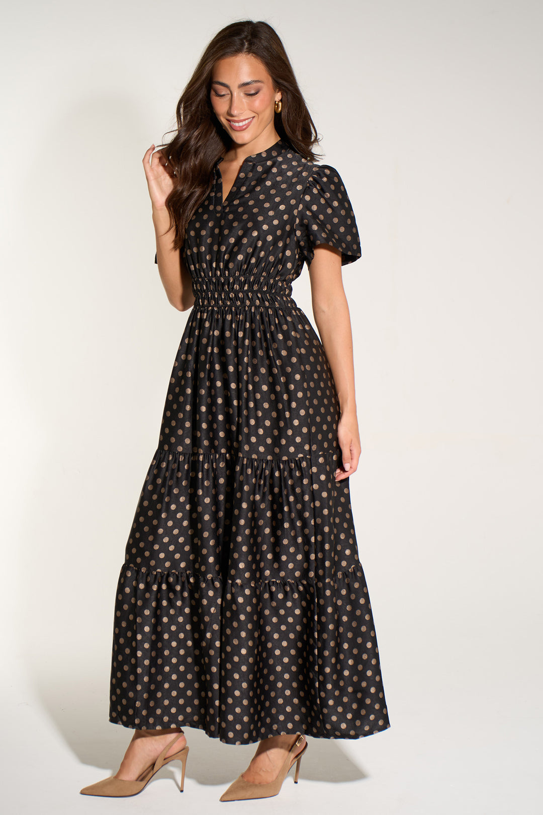 Large-Spot-Collared-Tiered-Maxi-Dress-in-Black/Gold